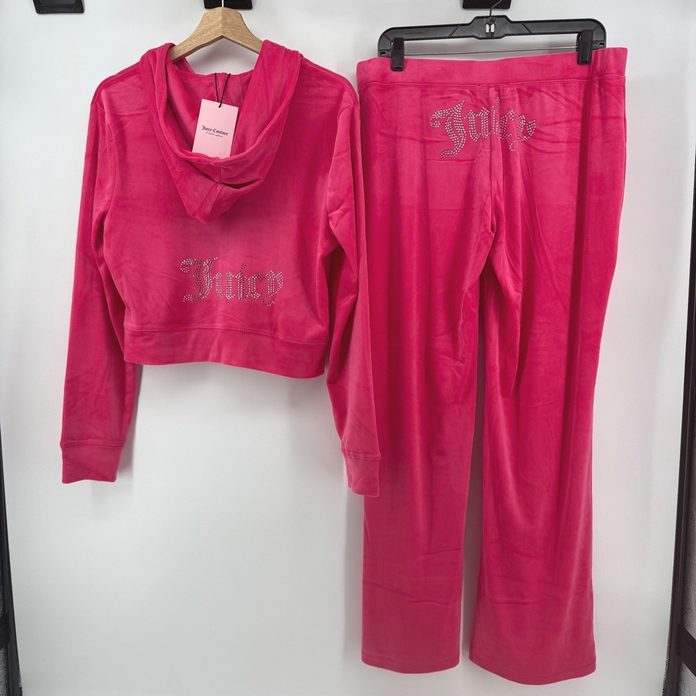 $199 Juicy Couture Large OG Bling Pink Party Velour Tracksuit Crop Hoodie Pants